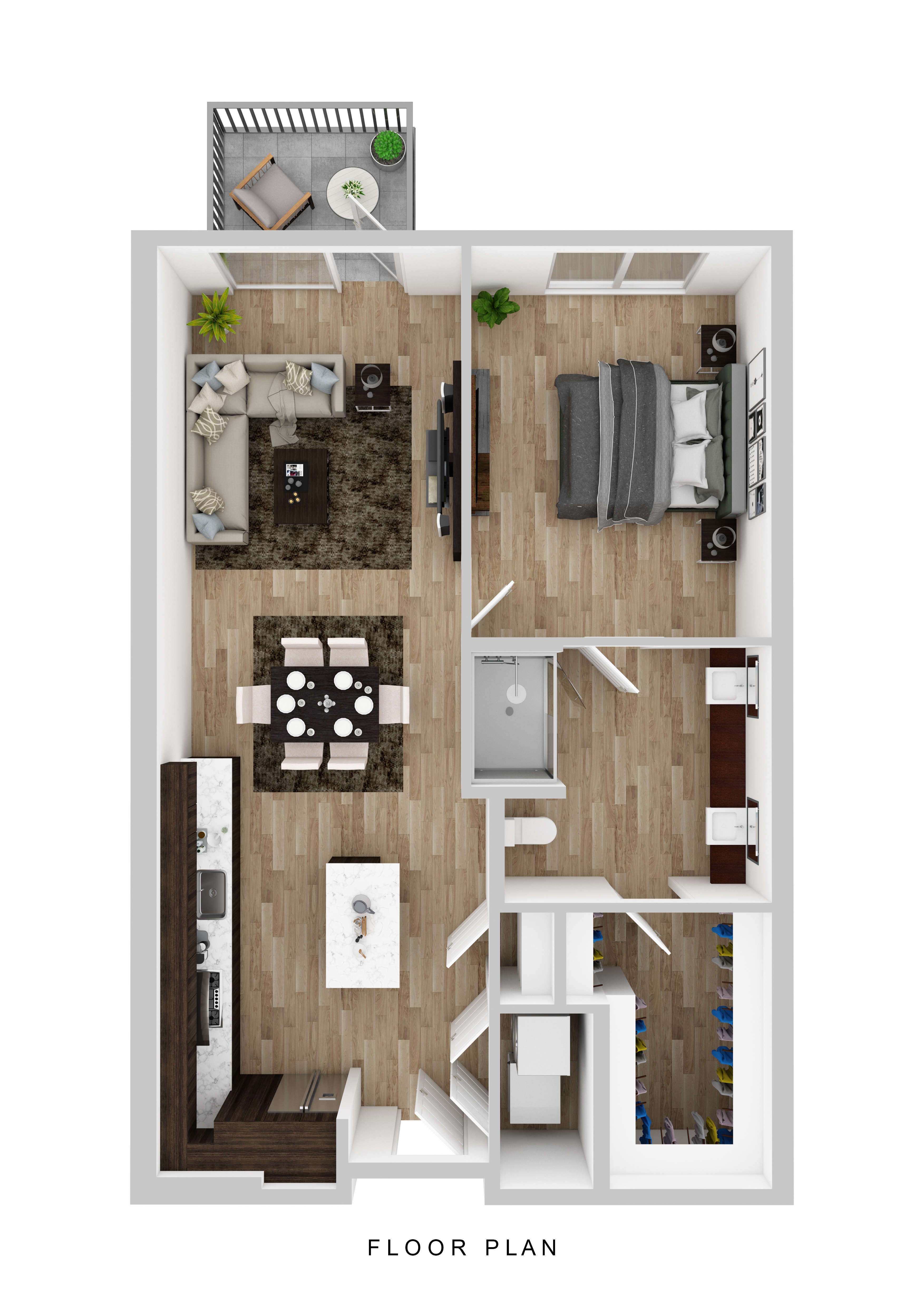 Floor plan for 1 bed, 1 bath, 884 sqft